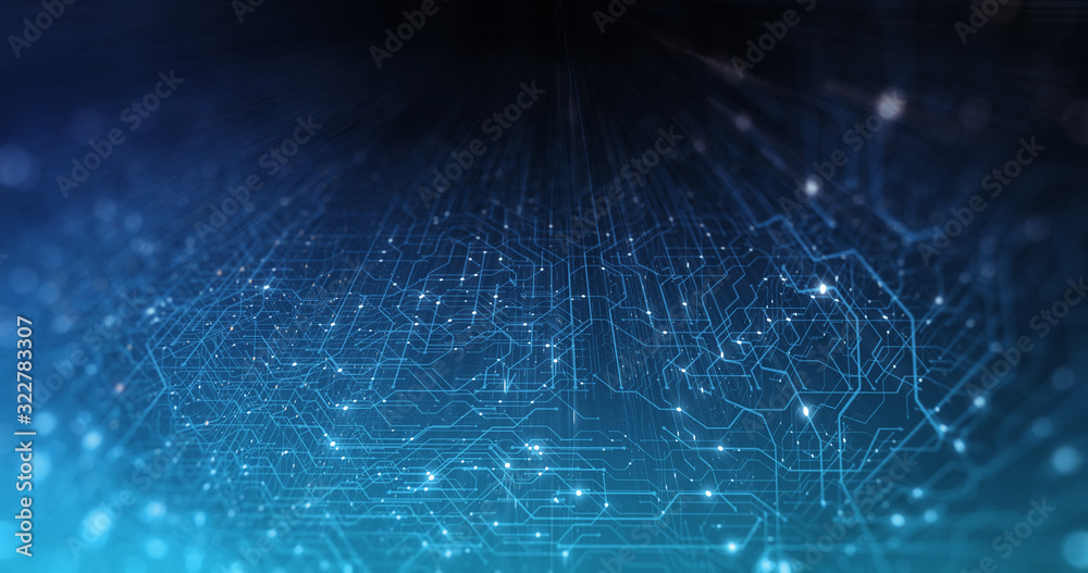 Poster Abstract Circuit board. Electronic computer hardware technology. Motherboard digital chip. Matrix particles grid virtual reality. Network communication processor. Information CPU engineering 3D render