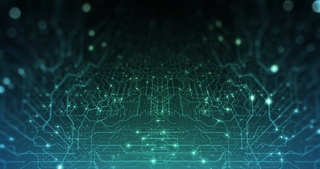 Abstract digital city. Digital Circuit board, Motherboard, Digital chip. Digitalization of Information: IT, IOT, Server, Data Center. Animated Visualization of Network Data. 3D render