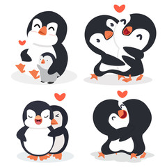 Naklejka premium Kreskówka pingwin Para przytulić z sercem