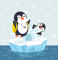 penguins with Igloo ice house on ice floe vector