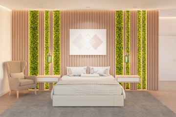 Modern bedroom interior in eco style with a horizontal poster on a wooden wall, moss with lighting,...