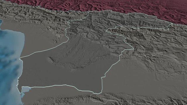Samegrelo-Zemo Svaneti, region with its capital, zoomed and extruded on the administrative map of Georgia in the conformal Stereographic projection. Animation 3D