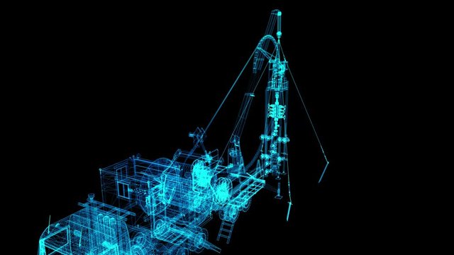 Truck machine for repair oil and gas field. Glow points and line formation of oiled tubing machine. Wire-Frame with oil equipment Solid Virtual Model. Digital technology visualization of 3d.