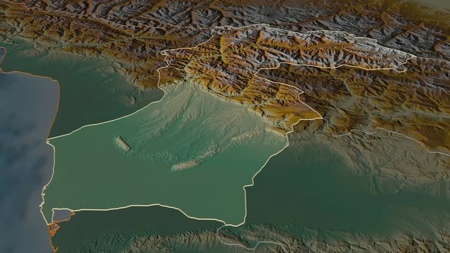 Samegrelo-Zemo Svaneti, region with its capital, zoomed and extruded on the relief map of Georgia in the conformal Stereographic projection. Animation 3D