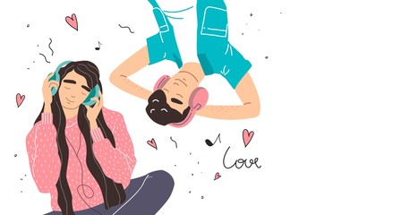 Lovers boy and girl listen to music on headphones - obrazy, fototapety, plakaty