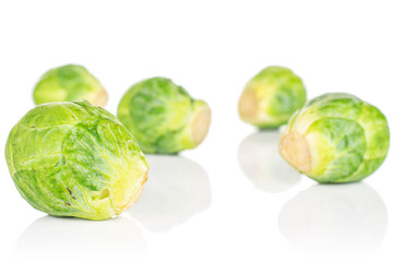 Group of five whole fresh green brussels sprout isolated on white background