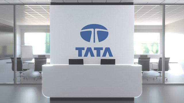 Logo of TATA on a wall in the modern office, editorial conceptual 3D rendering