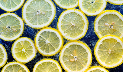 Lemon Slices in the water with air bubbles on dark blue background. Fresh texture or background