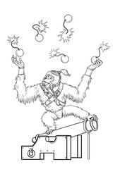 Orangutan on the cannon coloring page. Outline clipart illustration. Monkey and apes pirates coloring sheet.