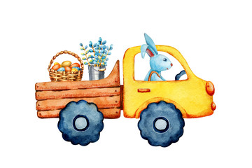 Cartoon cute bunny carrying painted easter eggs and willow by car. Hand drawn watercolor illustration on a white background. For the design of holiday products, banners, congratulations, labels.