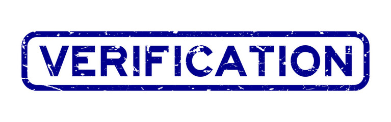 Grunge blue verification word square rubber seal stamp on white background