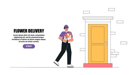 Courier or delivery man delivered the ordered bouquet of flowers home. Business concept of ordering flowers and gifts on the website or in the application online. Flat style vector illustration.
