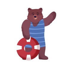 Animal character brown, lifeguard bear in a swimsuit, life suit and lifebuoy on a white background. Vector illustration in a flat, cartoon style.
