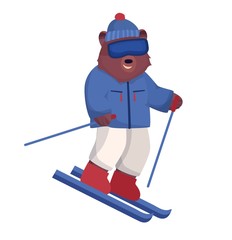 The animal character is brown, a bear in a ski suit and glasses is skiing, a winter form of outdoor activities. Vector illustration in a flat, cartoon style.