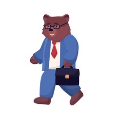 Brown bear character goes to work in blue formal suit, glasses and a bag in his hands. Vector flat cartoon illustration.