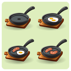Fried egg on a frying pan. Frying pan with scrambled egg. Food Vector illustration