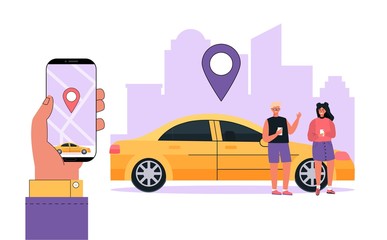 Modern concept family rent car, carsharing service any location city. Cute couple uses mobile application on phone. Vector illustration in flat cartoon style on cityscape background.