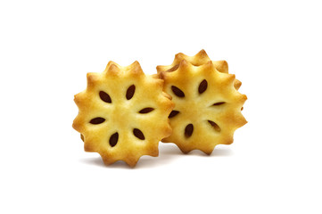 Homemade biscuits or crackers with pineapple jam and sweet flavored   isolated on white background. Cookies or snack for coffee break.