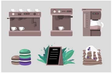 Elements for a coffee shop - a set of different coffee machines and macaroon desserts and pancakes with berries. Vector illustration in flat and cartoon style.