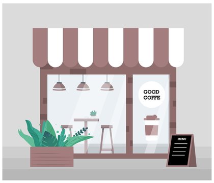 The small business building is a coffee shop in an ecological interior, with an entrance door, a large display case and glass. Vector illustration in flat and cartoon style.