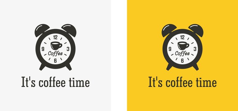 Color illustration showing it's time to drink coffee. Vector illustration of an alarm clock, a cup with coffee and text on a colored background. Advertising a place where you can drink coffee.