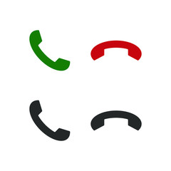 Phone icon set. Call application symbol. Flat interface logo. Simple shape telephone sign. Red green and black silhouette. Isolated on white background. Vector illustration image.