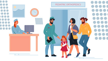 Children orthopedic dept in hospital with doctors and injured little patient. Children medicine and medical insurance concept. Family healthcare services. Flat vector illustration.