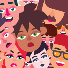 Multiple cartoon faces of varying sexes,  ethnic types and expressions.