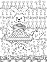 coloring book for children. a cute Bunny in a beautiful dress is watering the beds with carrots from a watering can. vegetable garden with vegetable plantings. black and white outline drawing by hand.