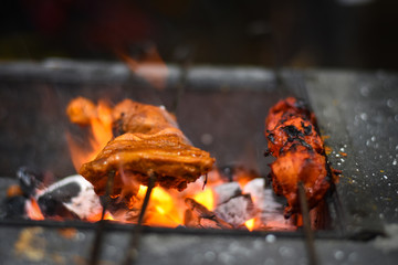 Indian roasted chicken meat on the Delhi India street market, with blur background, Indian Food
