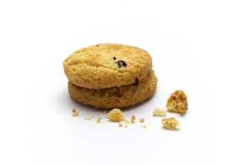 Raisin cookies or biscuit with crumbs flavor. Isolated on white background. Selective focus.