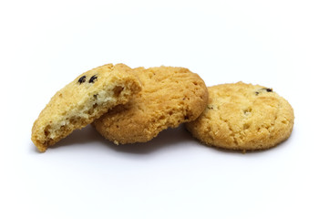 Stack of raisin cookies or biscuit flavor. Isolated on white background. Selective focus.