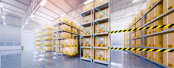Warehouse or industry building interior. known as distribution center, retail warehouse. Part of storage and shipping system. Included box package, shelf, barricade tape and concrete floor. 3d render.