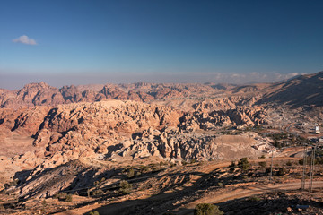 Panoramic view of the rocky desert in the area of the archaeological site of Petra in Jordan.