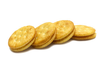 Biscuit sandwich cracker Cheese flavoured ,Cream and butter. Stack of crunchy delicious sweet meal and useful cookies. Isolated on white background.