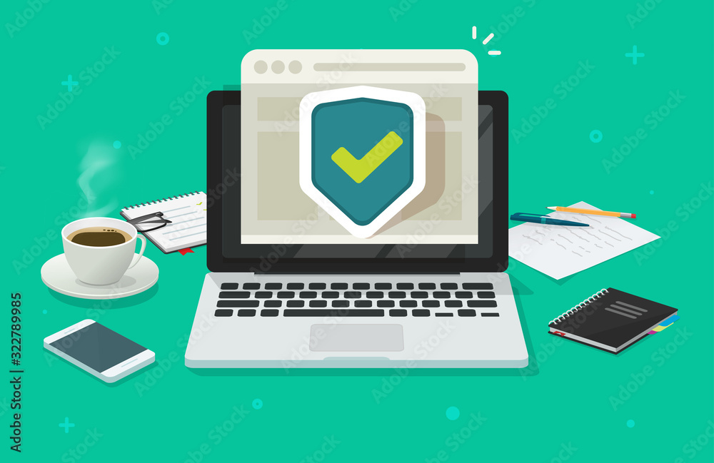 Poster computer laptop online protection shield on internet browser web site or pc with secure connection w