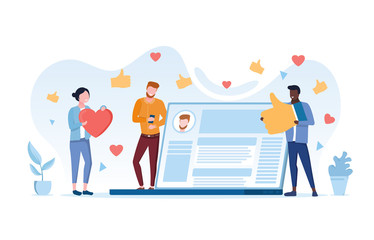 Online social network concept between friends with an open laptop showing a chat app, a woman holding a heart for dating, man giving a like gesture and guy on a mobile phone, vector illustration