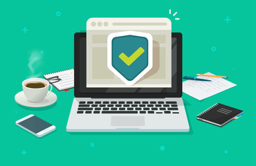 Computer laptop online protection shield on internet browser web site or pc with secure connection website vector flat cartoon illustration, security or privacy data access modern design image