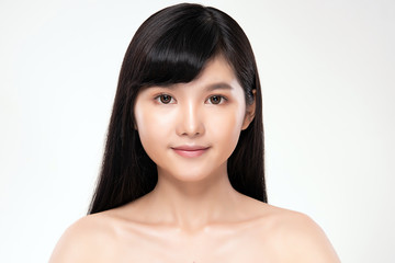 Portrait beautiful young asian woman clean fresh bare skin concept. Asian girl beauty face skincare and health wellness, Facial treatment, Perfect skin, Natural makeup, on white background,two