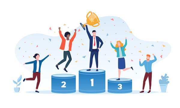 Victory concept with the businessman winner holding gold cup on the center podium flanked by the runners up and cheering people, colored vector illustration