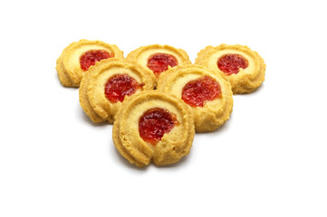 Butter cookies strawberry jam topping and sweet flavored. Biscuits cracker homemade on white background.