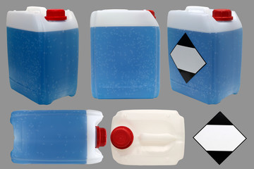 Kunststoff Kanister mit blauer Flüssigkeit Säure Gefahrengut