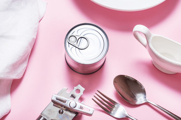Tin Canned meal on kitchen table, top view
