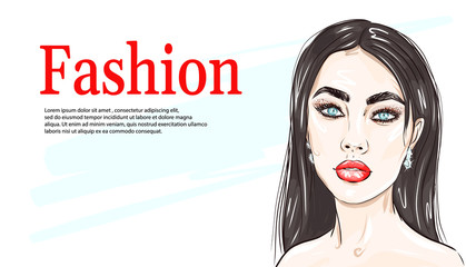Hand-drawn young beautiful brunette girl with smokey eyes and red lipstick. Fashion illustration of a stylish look. Vector for design t-shirts typography cards and posters.