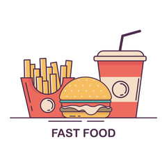 Hamburger, French Fries and Soda. Fast food flat design vector illustration.