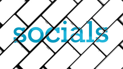 3d render of cellphone animation. Title is formed from pieces on the screens. Socials title.