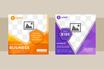 The minimal vector illustration of editable layout of square banner covers design templates for brochure, flyer, magazine. orange polygonal background with triangles with modern pattern. photo space