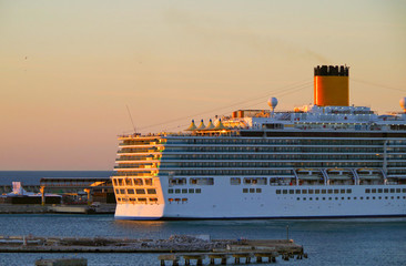 Costa Cruises cruise ship or cruiseship liner early morning arrival into port of Malaga with...