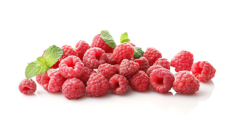 Pile of ripe rasberries isolated on white background