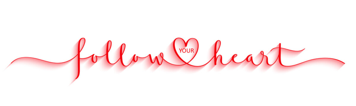 FOLLOW YOUR HEART red vector brush calligraphy banner with swashes and heart